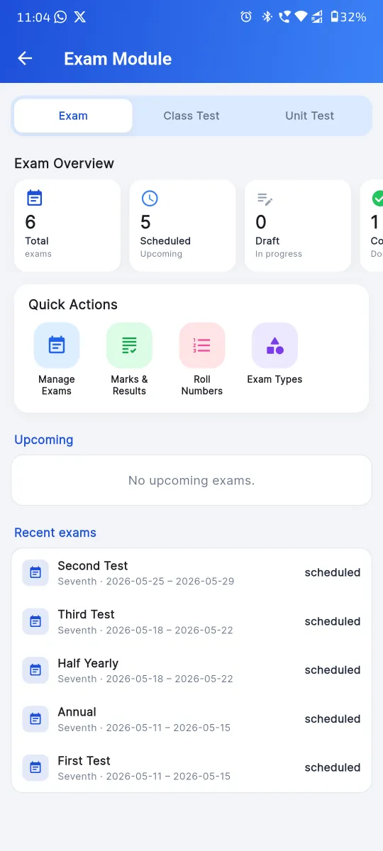 Exam dashboard on Apna School mobile app