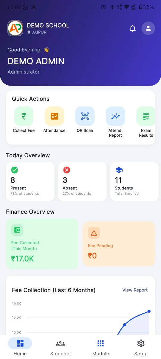 Apna School admin app home screen for the school principal