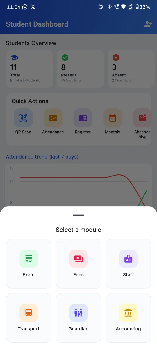 Apna School module menu on mobile — students, attendance, fees, exam, transport and accounting