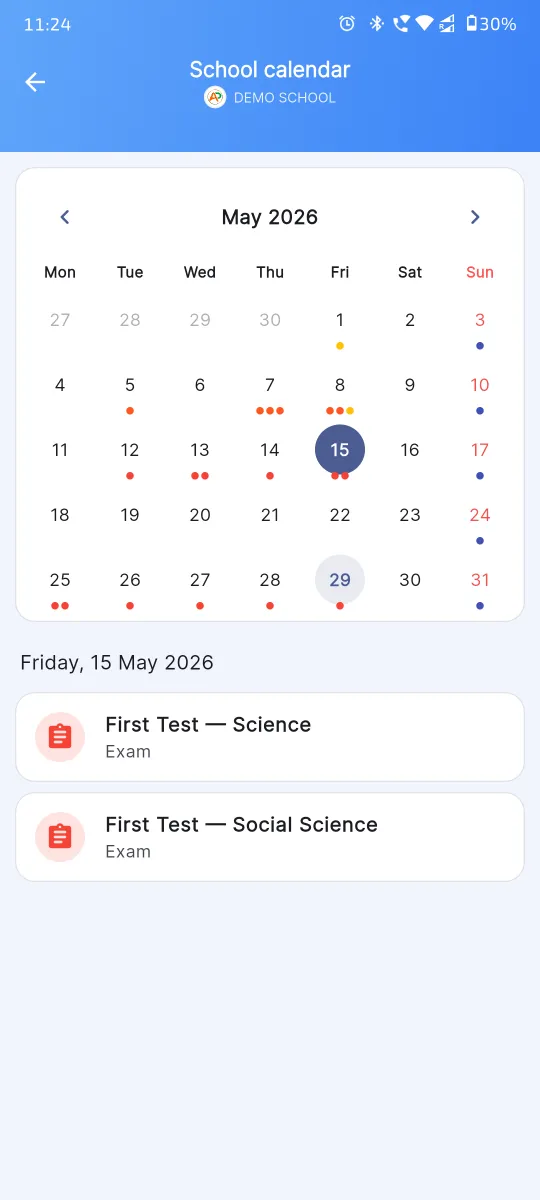 School calendar on parent app