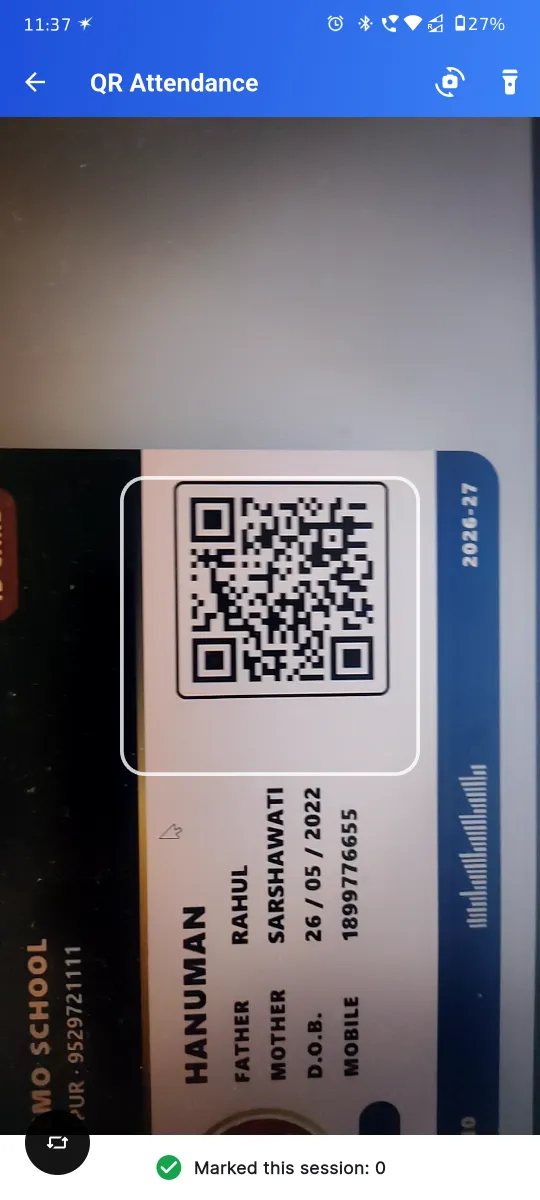 QR-scan attendance kiosk on Apna School admin app