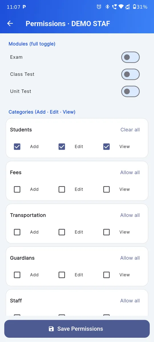 Per-employee role permissions matrix