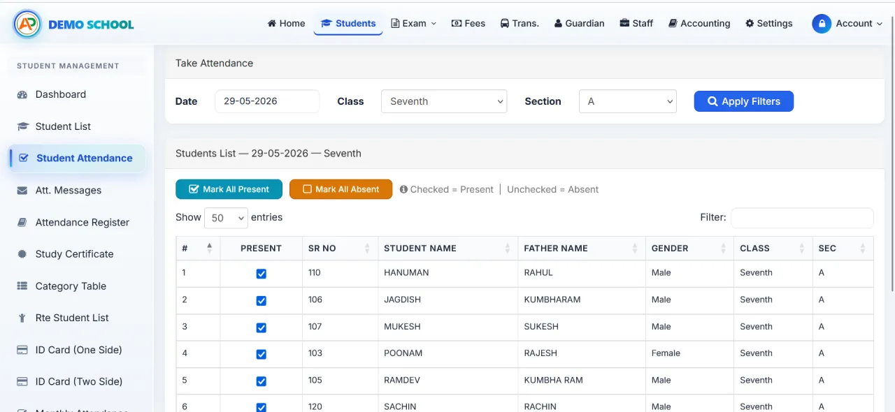 Student attendance dashboard on desktop — class-wise daily register with monthly summary