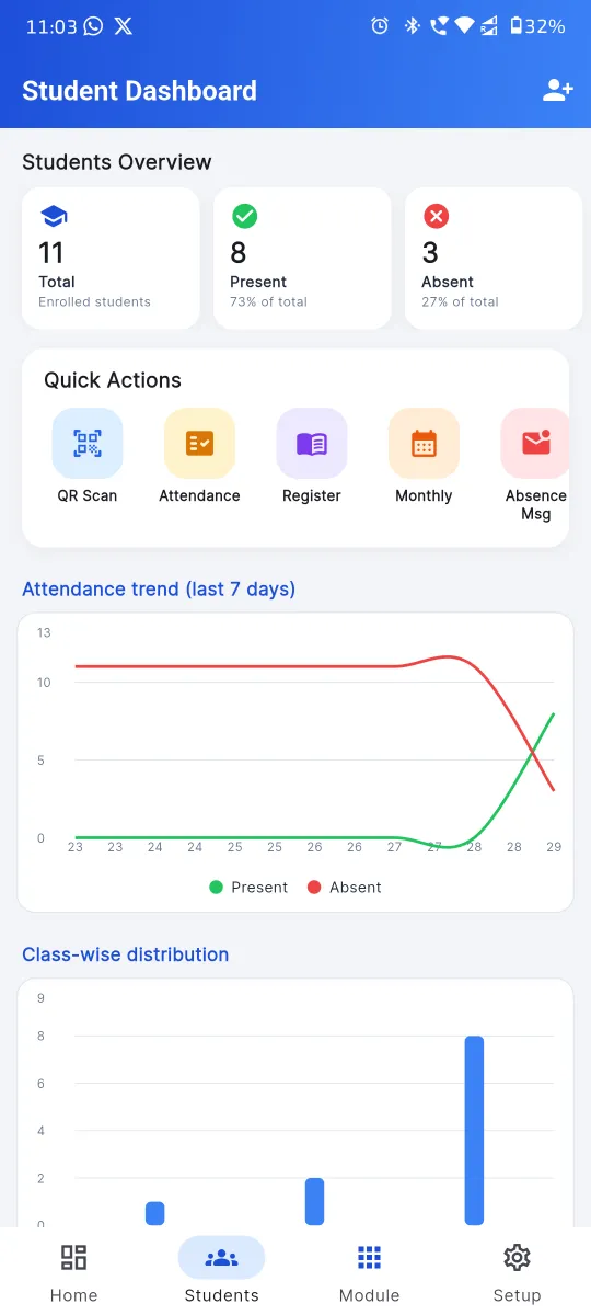 Student dashboard on Apna School admin app